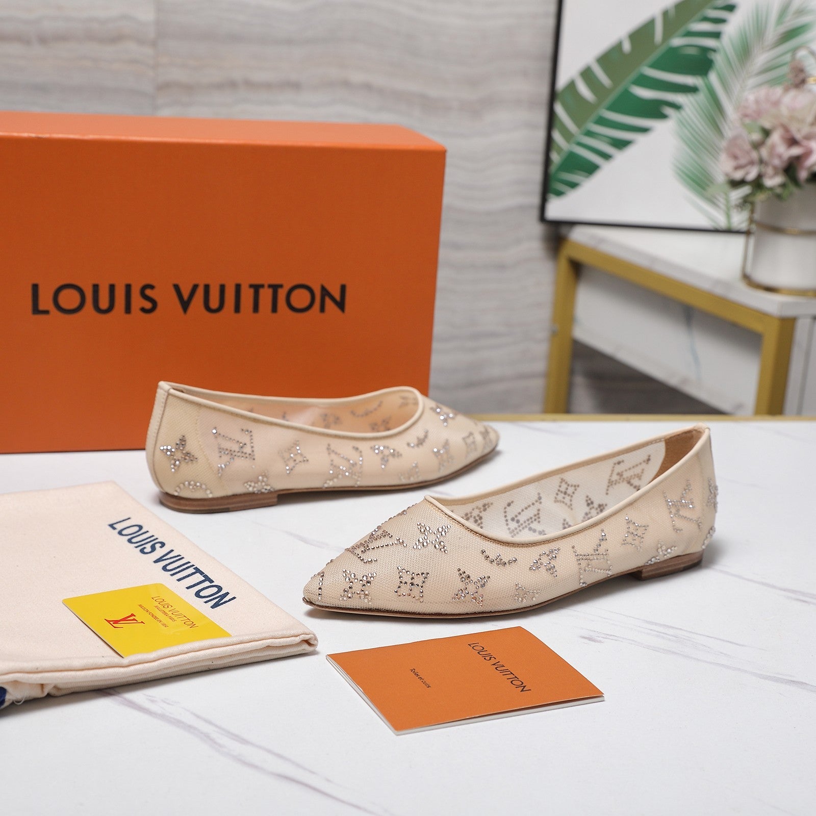 LV 26S GALA FLAT BALLERINA IN NUDE BEIGE MESH WITH WITH RHINESTONES