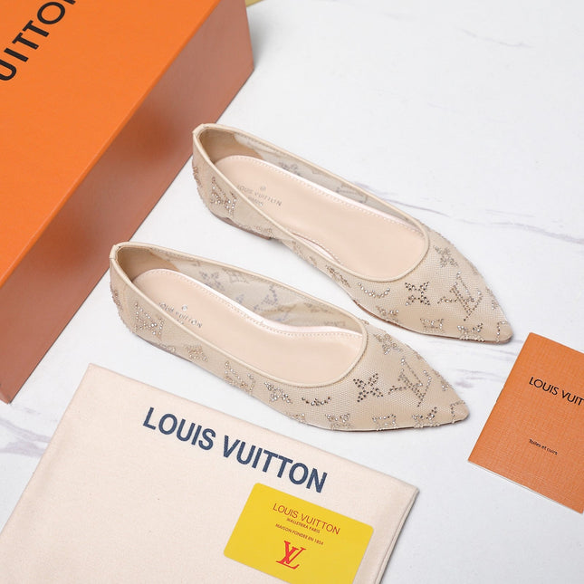 LV 26S GALA FLAT BALLERINA IN NUDE BEIGE MESH WITH WITH RHINESTONES