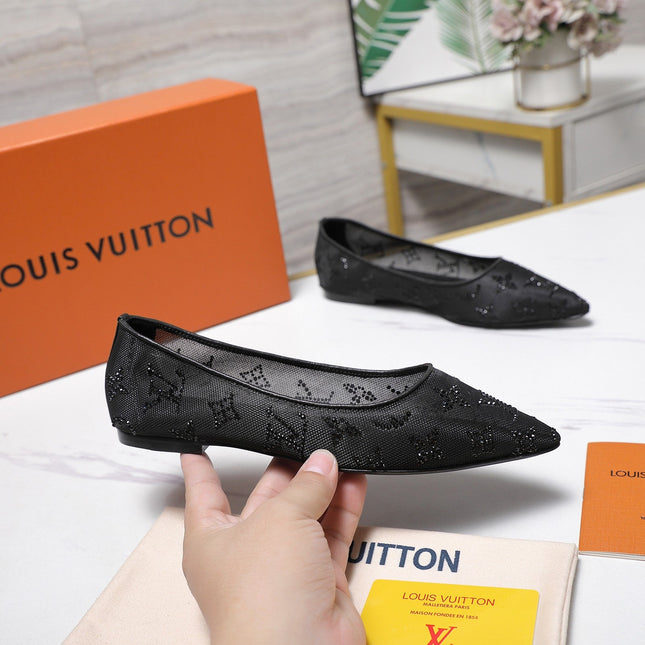 LV 26S GALA FLAT BALLERINA IN BLACK MESH WITH WITH RHINESTONES