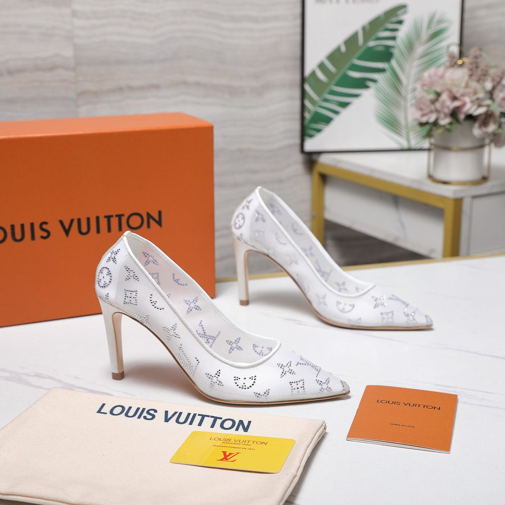 LV 26S GALA HIGH HEELS 85MM IN WHITE MESH WITH WITH RHINESTONES