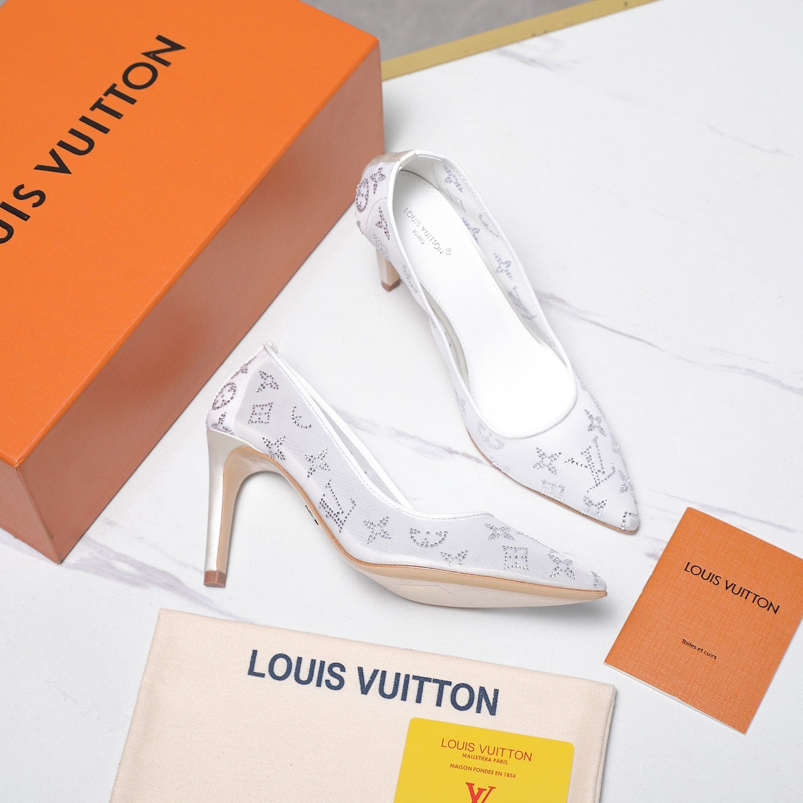 LV 26S GALA HIGH HEELS 85MM IN WHITE MESH WITH WITH RHINESTONES