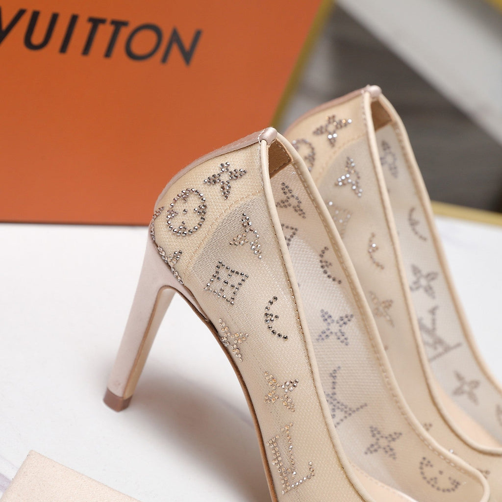 LV 26S GALA HIGH HEELS 85MM IN NUDE BEIGE MESH WITH WITH RHINESTONES