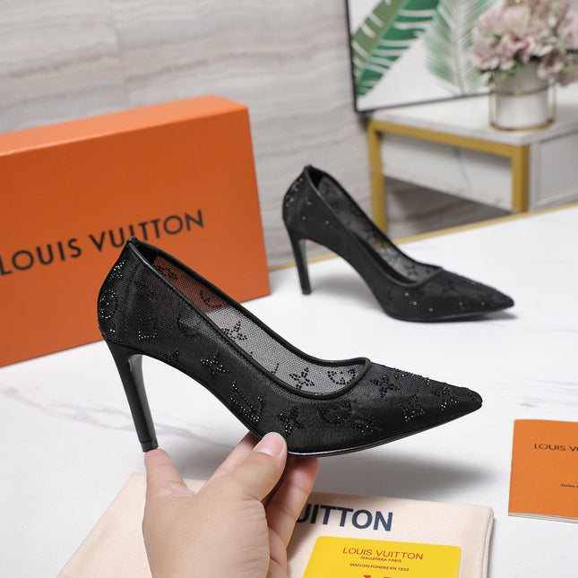 LV 26S GALA HIGH HEELS 85MM IN BLACK MESH WITH WITH RHINESTONES