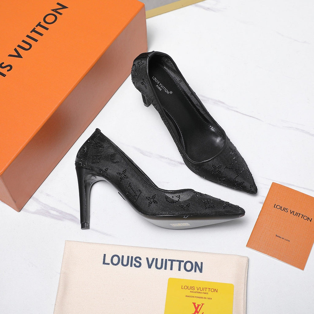 LV 26S GALA HIGH HEELS 85MM IN BLACK MESH WITH WITH RHINESTONES