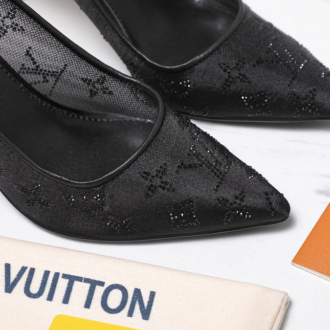LV 26S GALA HIGH HEELS 85MM IN BLACK MESH WITH WITH RHINESTONES