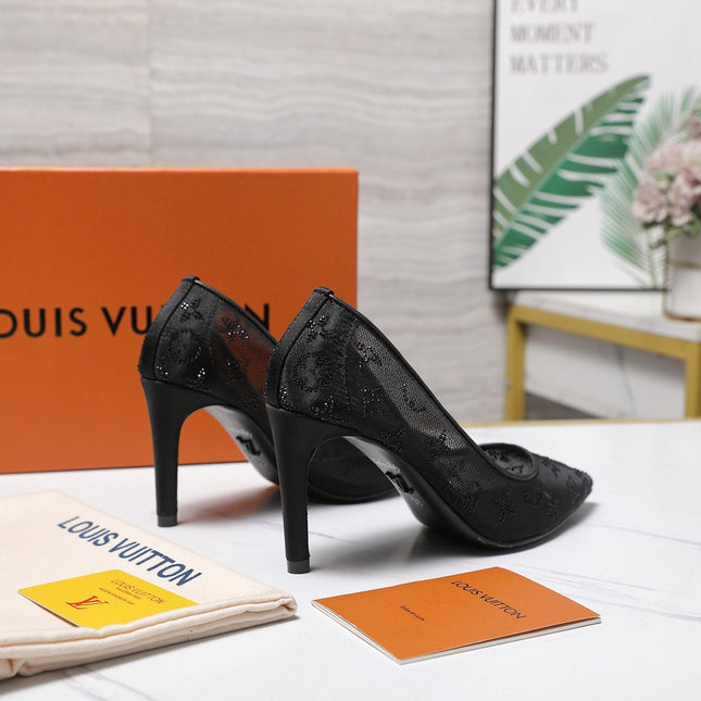 LV 26S GALA HIGH HEELS 85MM IN BLACK MESH WITH WITH RHINESTONES