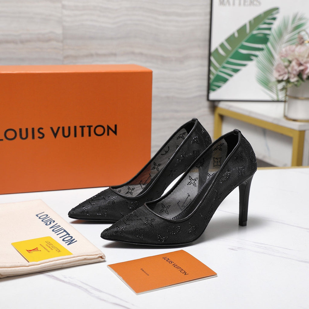 LV 26S GALA HIGH HEELS 85MM IN BLACK MESH WITH WITH RHINESTONES
