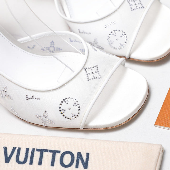 LV 26S GALA SANDAL 85MM IN WHITE MESH WITH WITH RHINESTONES