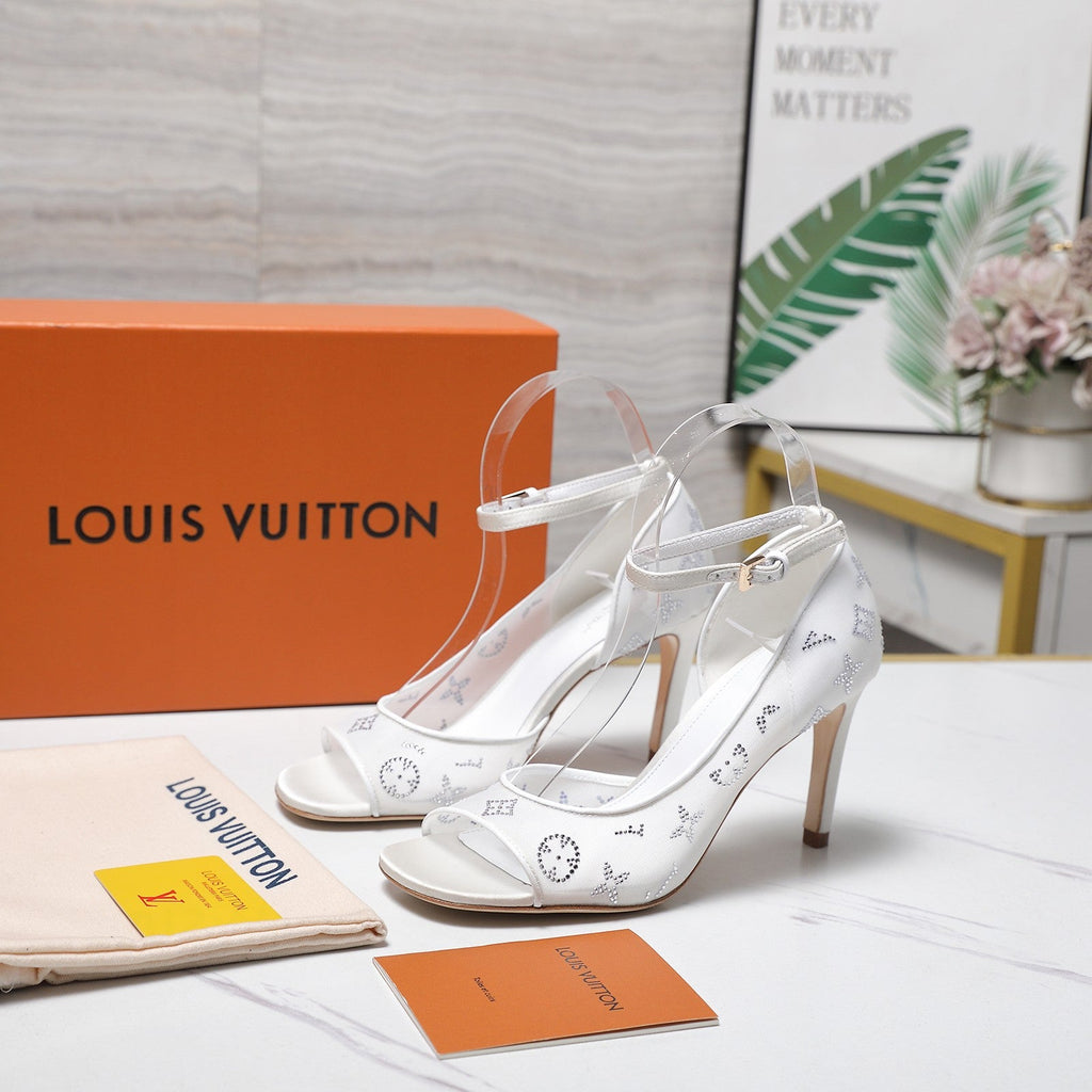LV 26S GALA SANDAL 85MM IN WHITE MESH WITH WITH RHINESTONES