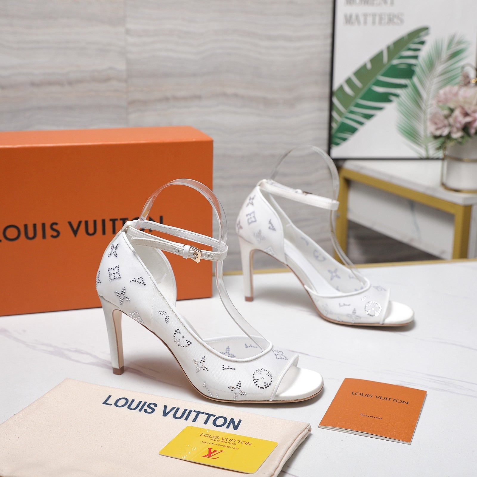 LV 26S GALA SANDAL 85MM IN WHITE MESH WITH WITH RHINESTONES