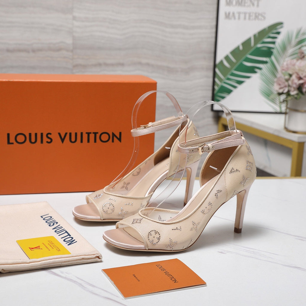 LV 26S GALA SANDAL 85MM IN NUDE BEIGE MESH WITH WITH RHINESTONES
