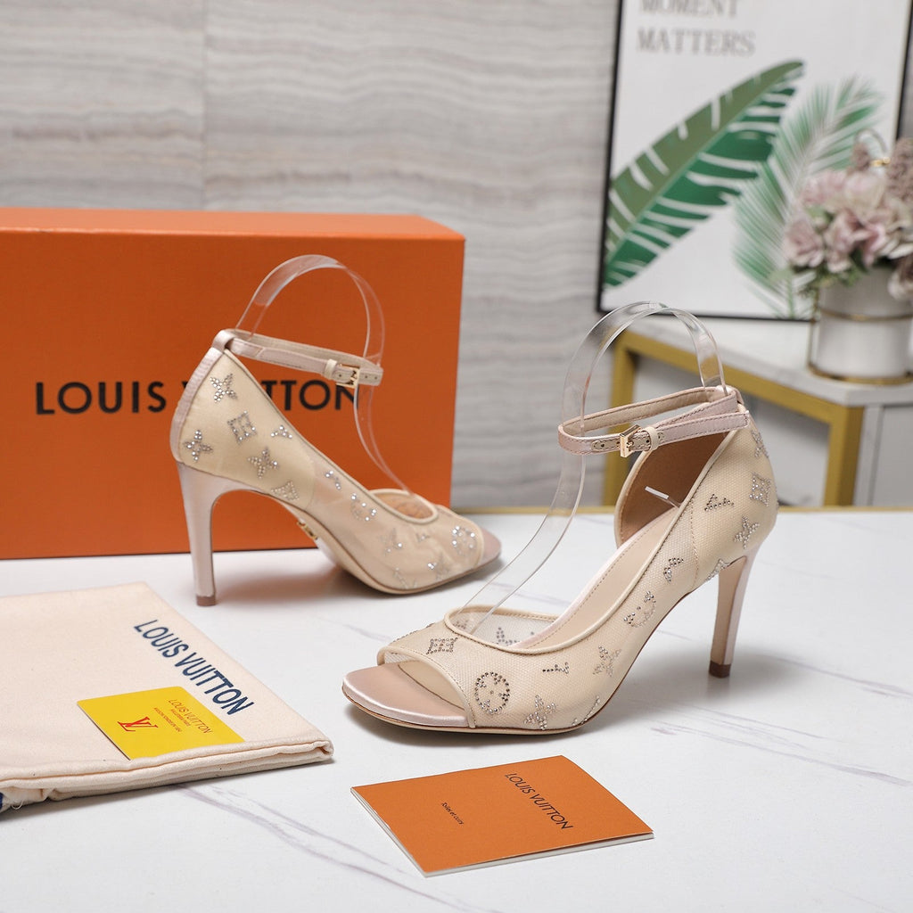 LV 26S GALA SANDAL 85MM IN NUDE BEIGE MESH WITH WITH RHINESTONES