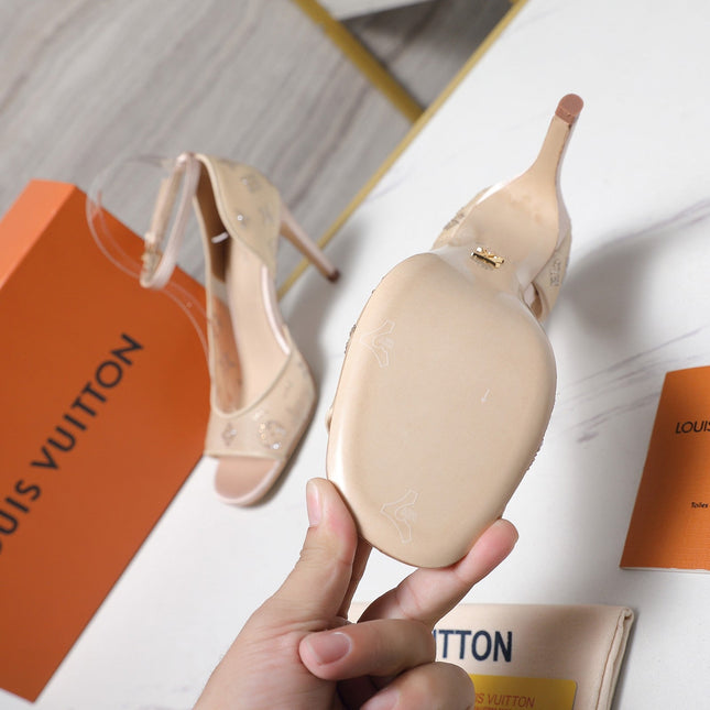 LV 26S GALA SANDAL 85MM IN NUDE BEIGE MESH WITH WITH RHINESTONES