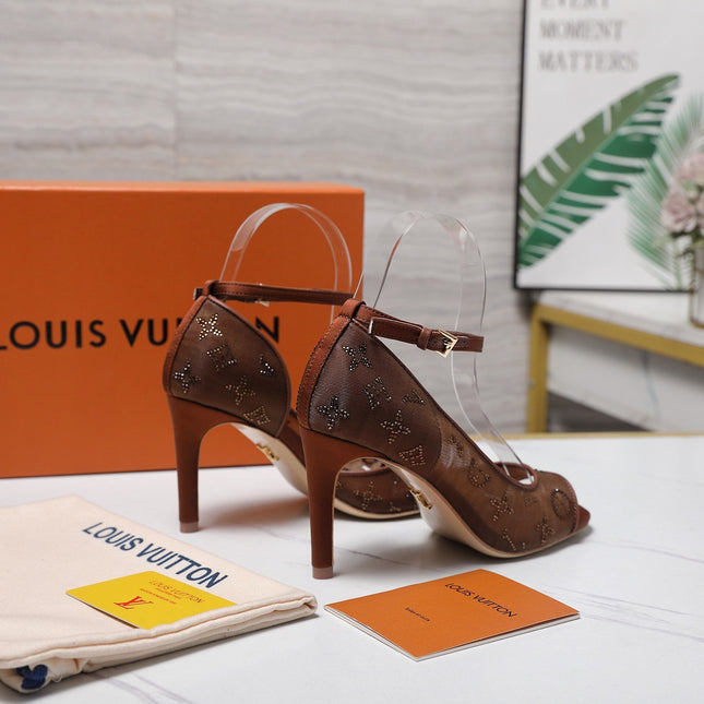 LV 26S GALA SANDAL 85MM IN ORANGE BROWN MESH WITH WITH RHINESTONES