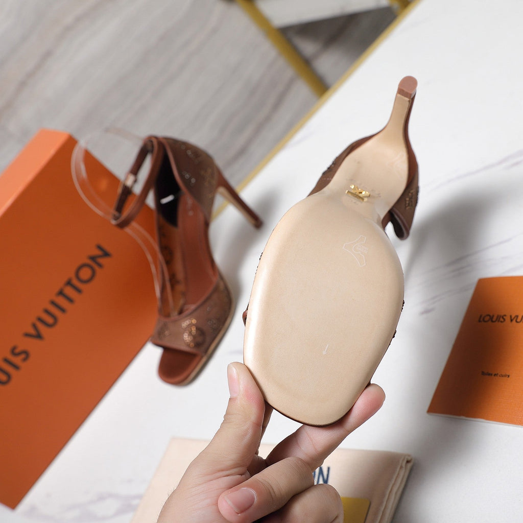 LV 26S GALA SANDAL 85MM IN ORANGE BROWN MESH WITH WITH RHINESTONES