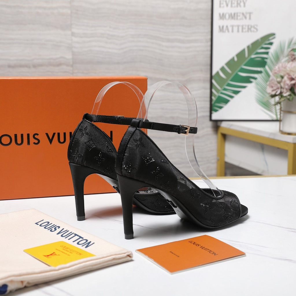 LV 26S GALA SANDAL 85MM IN BLACK MESH WITH WITH RHINESTONES