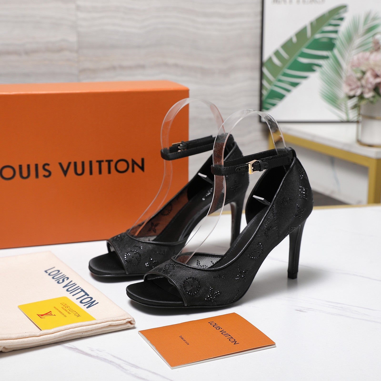 LV 26S GALA SANDAL 85MM IN BLACK MESH WITH WITH RHINESTONES