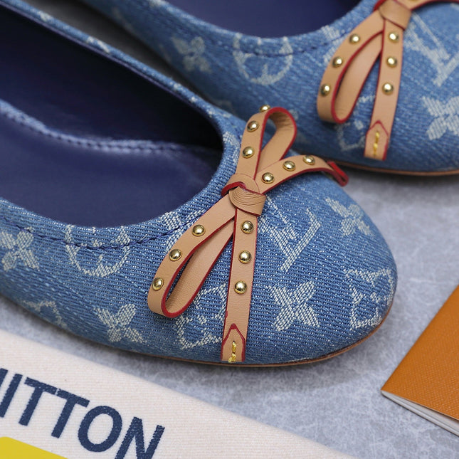 LV 26S BALLET FLATS IN SKY BLUE MONOGRAM DENIM WITH BOW