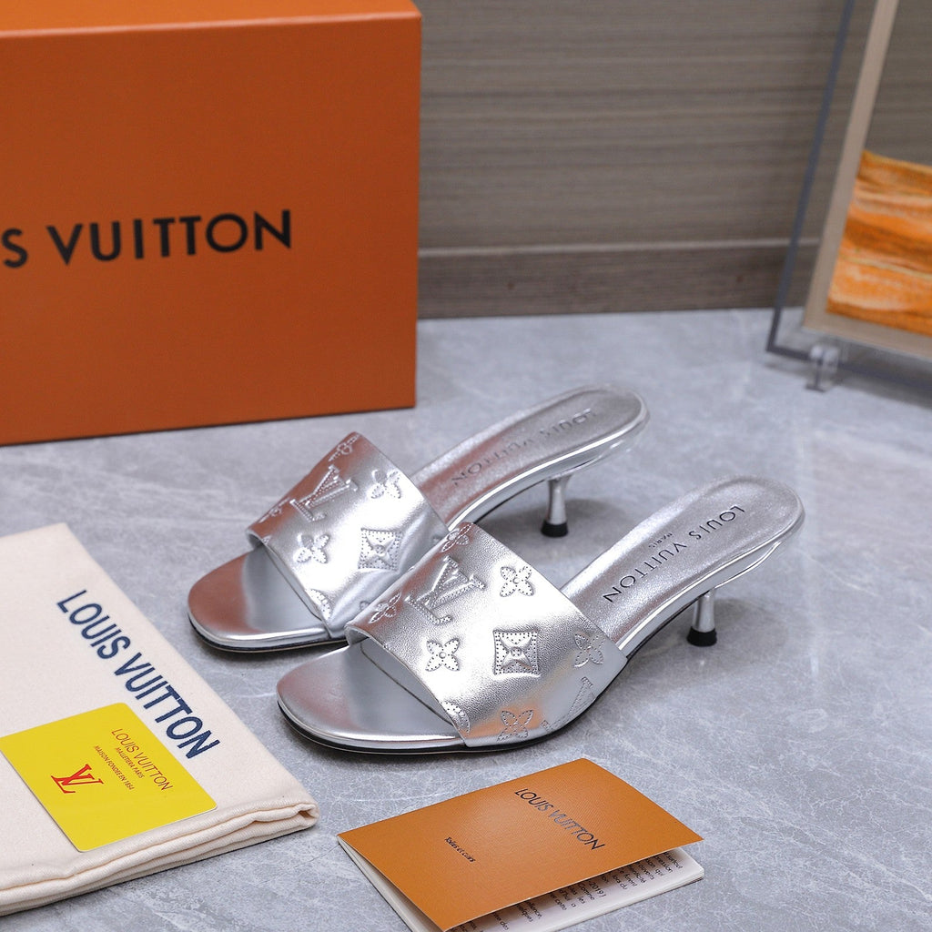 LV 26S 6AM MULE 55MM IN SILVER CALFSKIN EMBOSSED MONOGRAM LOGO