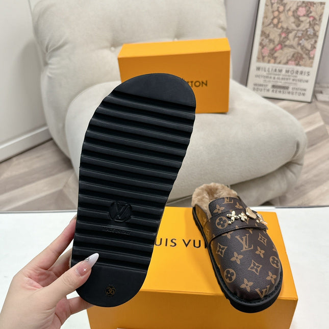 LV MULES IN BROWN MIN BLACK SHEARLING GOLD HARDWARE