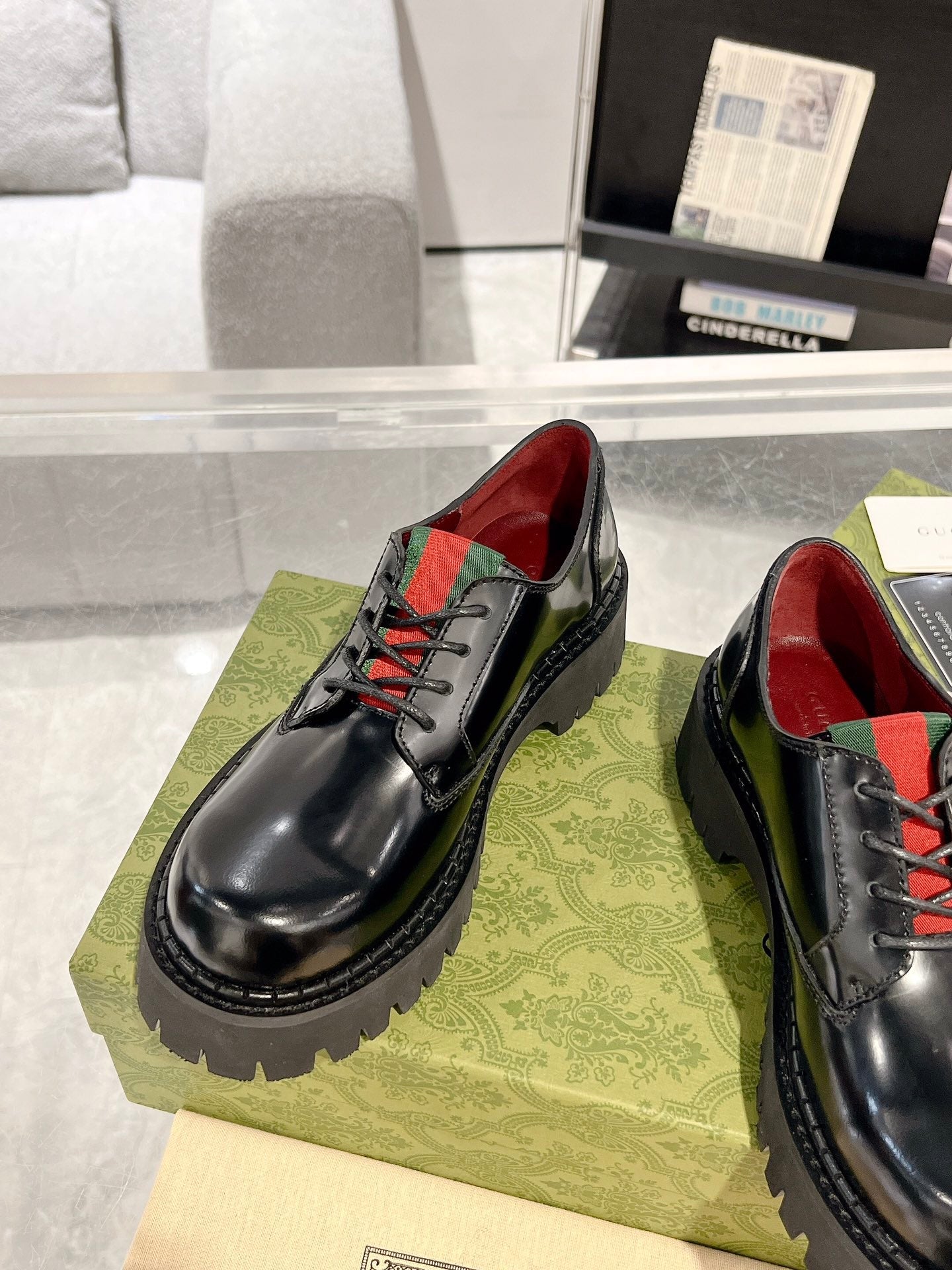 GG LACE-UP LOAFER WITH WEB IN BLACK SHINY LEATHER