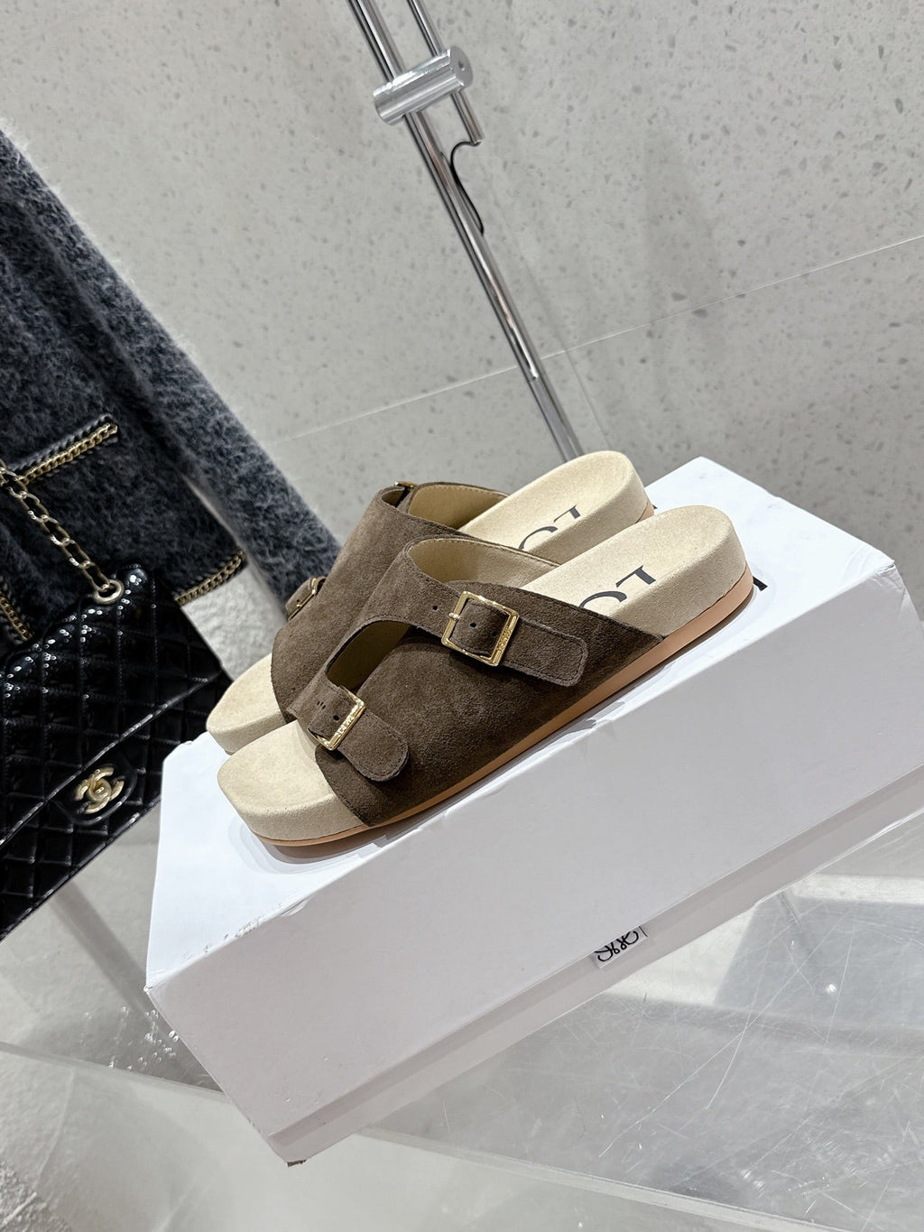 LOEWE 26S EASE SLIDE IN DARK BROWN SUEDE