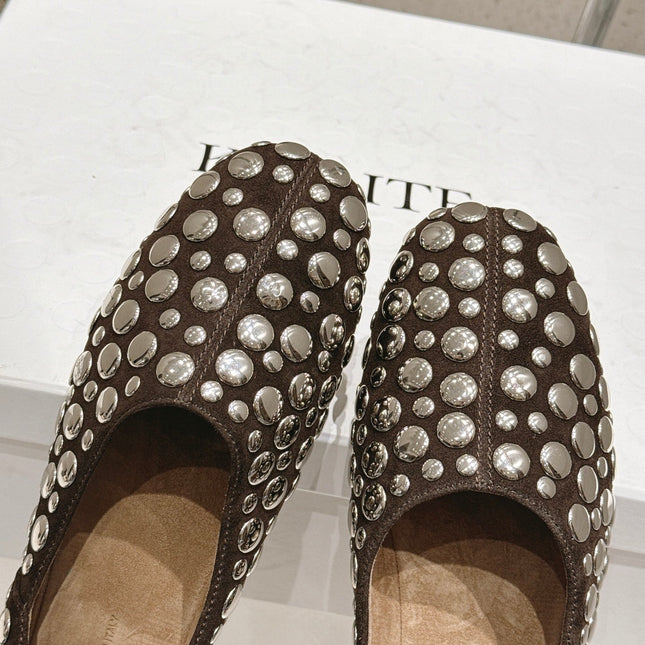 CELINE 26S FLAT SHOES IN DARK BROWN SUEDE WITH METAL STUDS