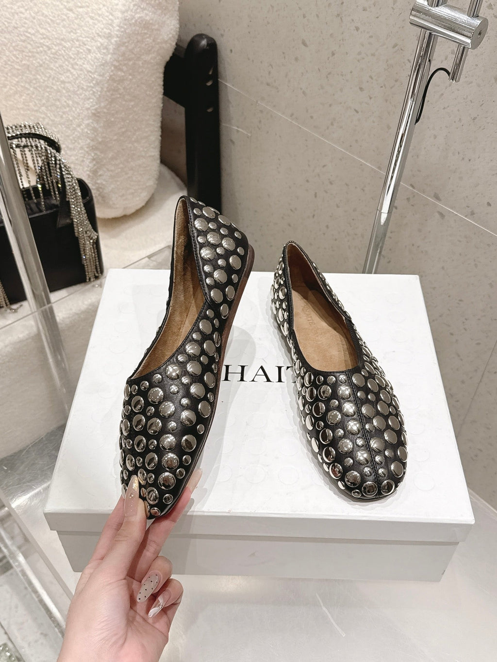 CELINE 26S FLAT SHOES IN BLACK CALFSKIN WITH METAL STUDS
