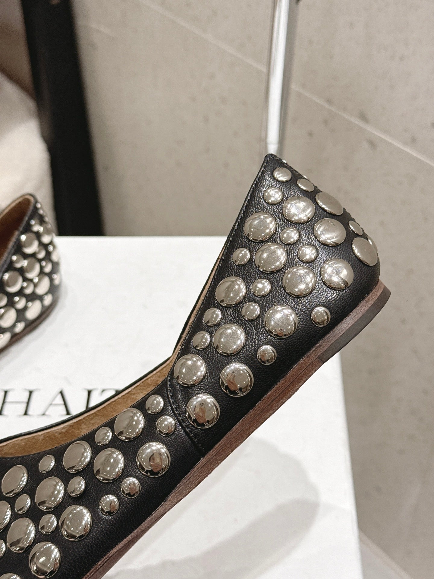 CELINE 26S FLAT SHOES IN BLACK CALFSKIN WITH METAL STUDS