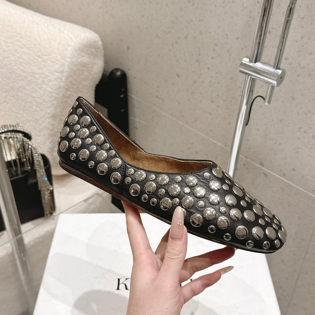CELINE 26S FLAT SHOES IN BLACK CALFSKIN WITH METAL STUDS