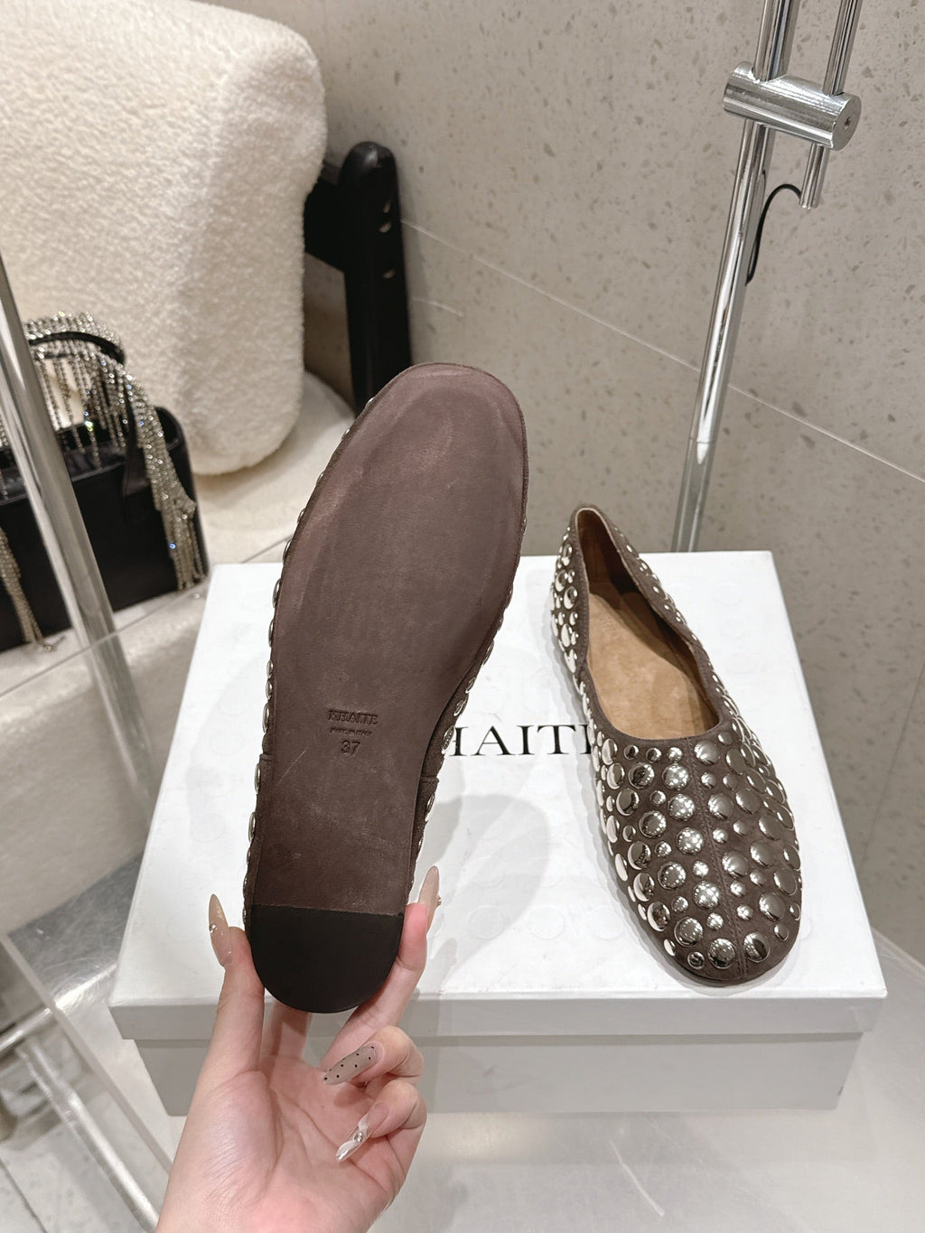 CELINE 26S FLAT SHOES IN TOFFEE BROWN SUEDE WITH METAL STUDS