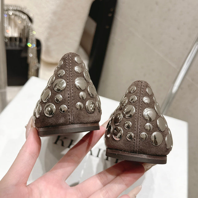 CELINE 26S FLAT SHOES IN TOFFEE BROWN SUEDE WITH METAL STUDS