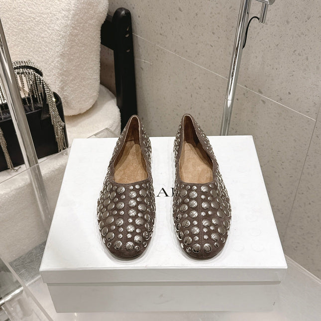 CELINE 26S FLAT SHOES IN TOFFEE BROWN SUEDE WITH METAL STUDS