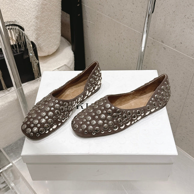 CELINE 26S FLAT SHOES IN TOFFEE BROWN SUEDE WITH METAL STUDS