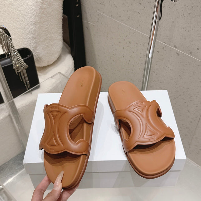 CELINE 26S TRIOMPHE SLIDES IN BROWN CALFSKIN