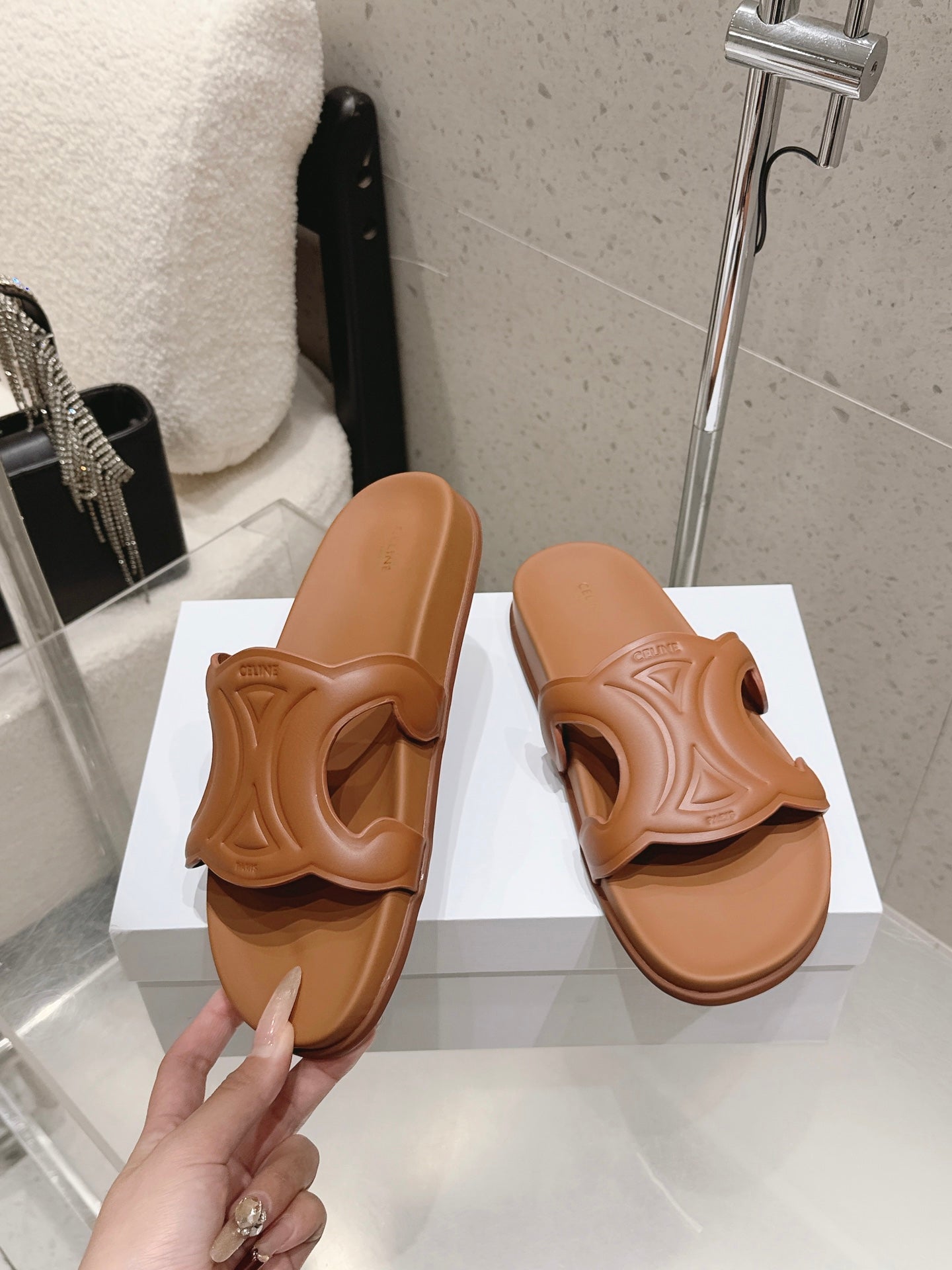 CELINE 26S TRIOMPHE SLIDES IN BROWN CALFSKIN