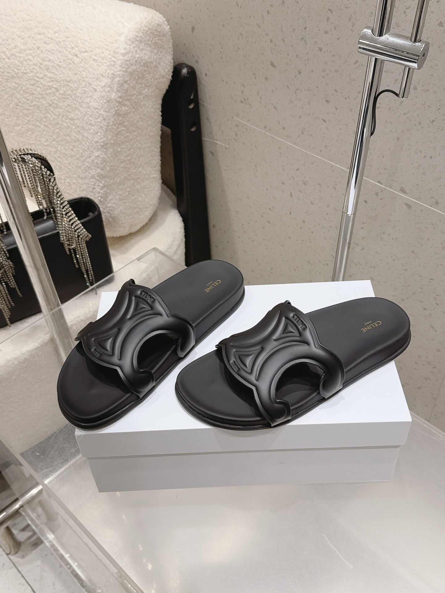 CELINE 26S TRIOMPHE SLIDES IN BLACK CALFSKIN