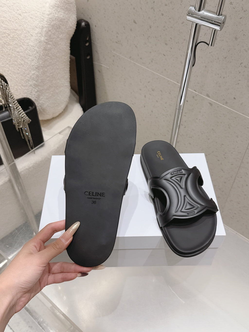 CELINE 26S TRIOMPHE SLIDES IN BLACK CALFSKIN