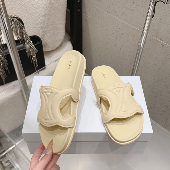 CELINE 26S TRIOMPHE SLIDES IN PASTEL YELLOW CALFSKIN