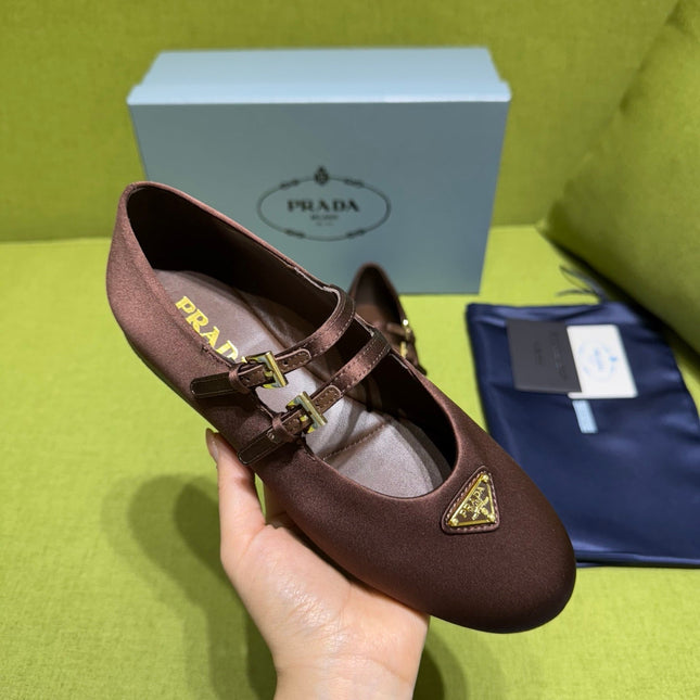PRADA 25S MARY JANE BALLET FLATS IN DEEP BURGUNDY BROWN SATIN