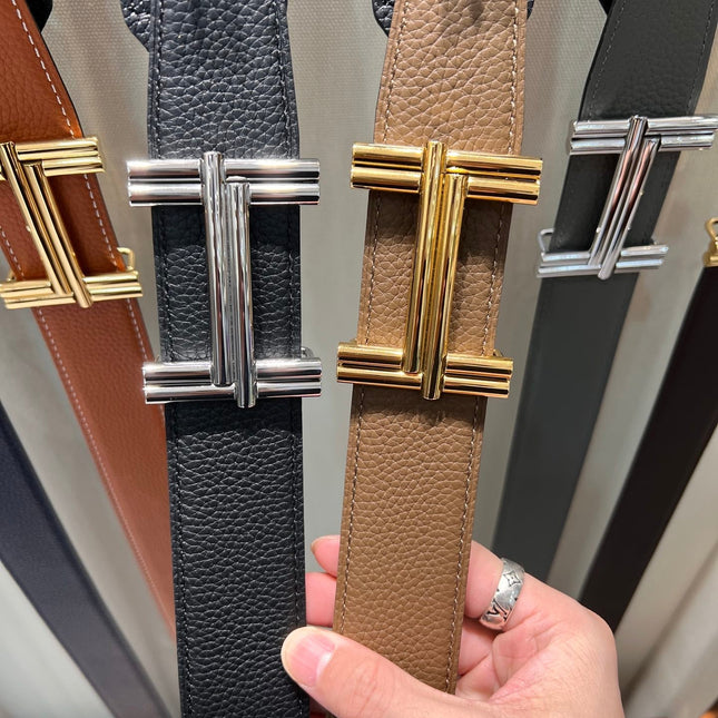 HM TRAVERSE BELT BUCKLE & REVERSIBLE BLACK LEATHER STRAP 38 MM SILVER HARDWARE