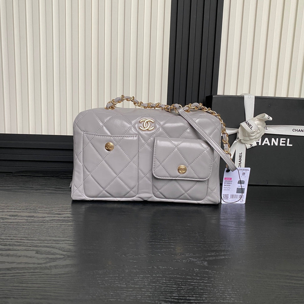BOWLING BAG 29 IN GREY CALFSKIN GOLD HARDWARE