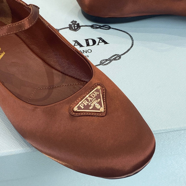 PRA NAPPA MARY JANE FLAT BROWN SATIN