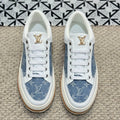 LV TRAINERS IN WHITE CALFSKIN AND SAPPHIRE BLUE JACQUARD