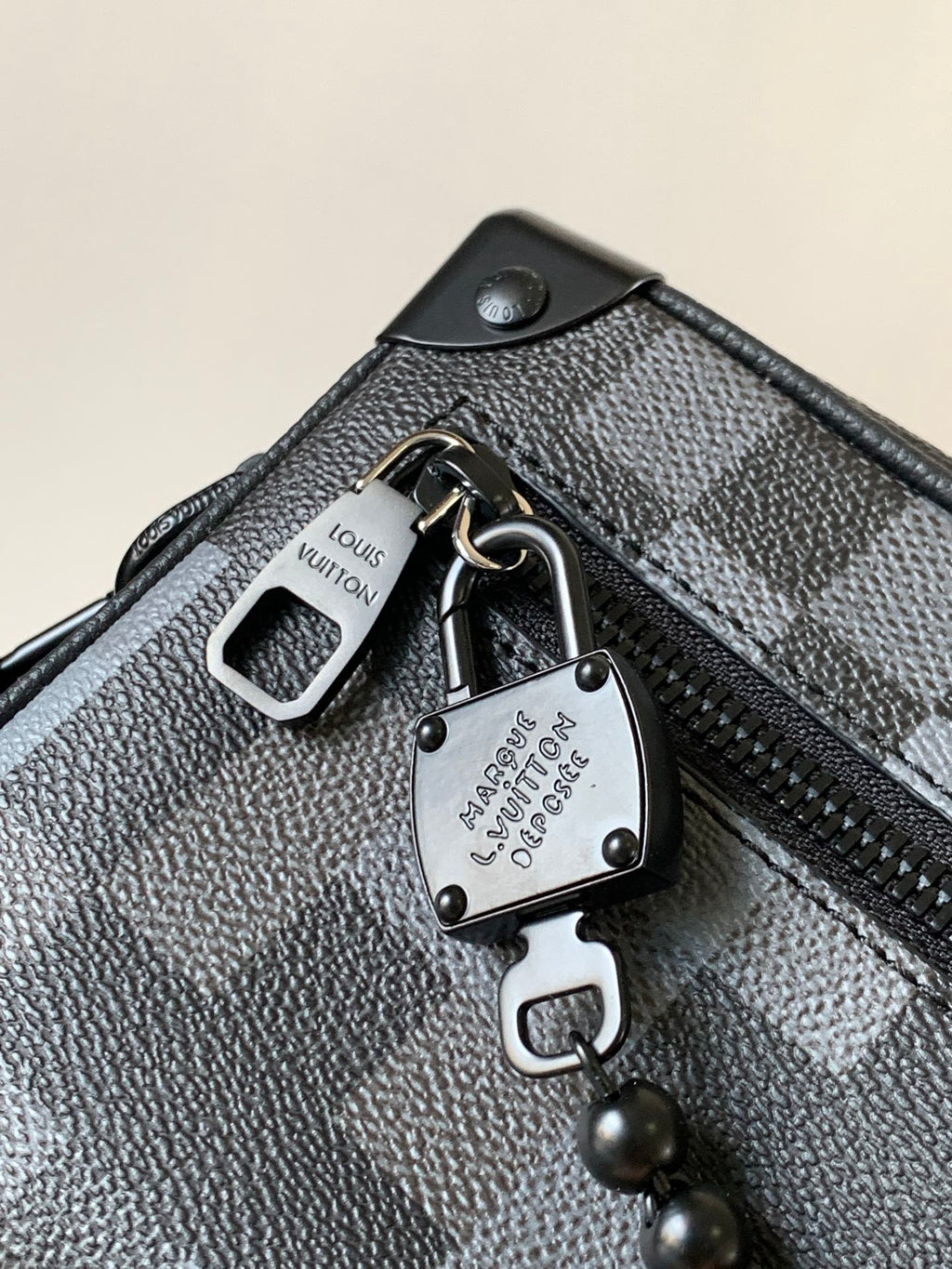 LV 25S MINI SOFT TRUNK BOX BAG 18 IN DAMOFLAGE BLACK CANVAS AND CALFSKIN