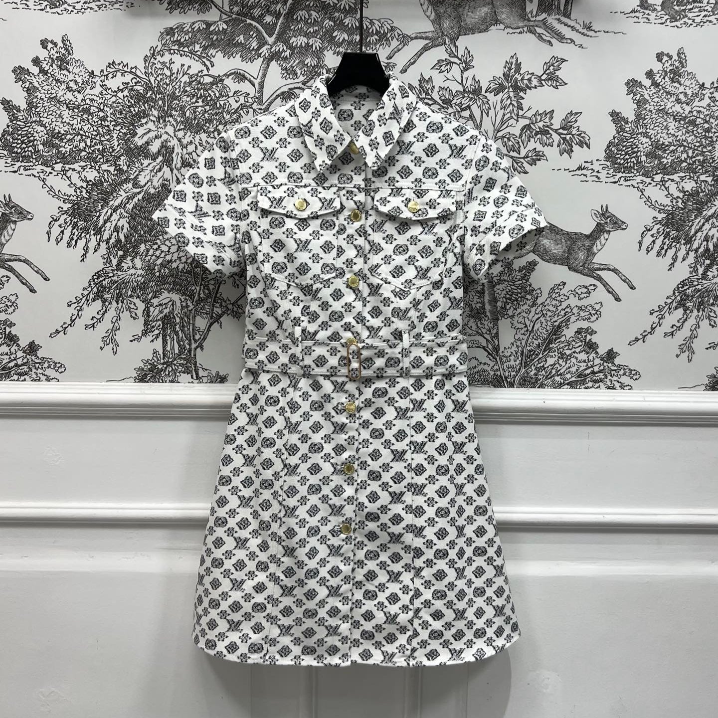 LV JACQUARD PATTERN ROUND NECK DENIM DRESS 274622