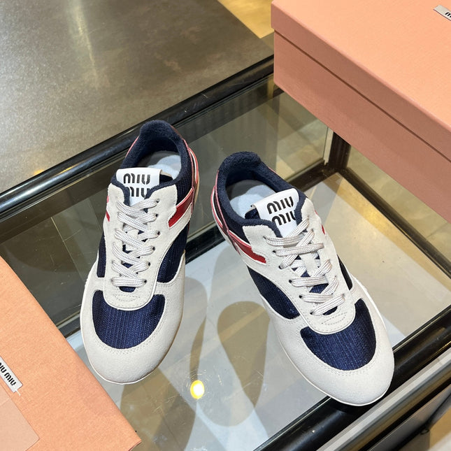 MIUMIU 26S SNEAKERS IN NAVY BLUE AND WHITE FABRIC AND SUEDE
