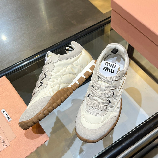 MIUMIU 26S SNEAKERS IN IVORY WHITE FABRIC AND SUEDE