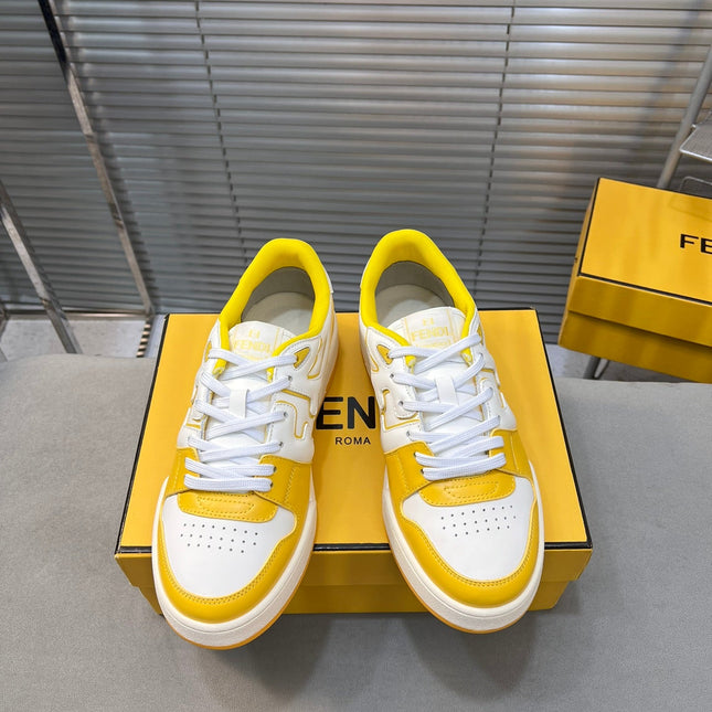 FENDI MATCH LOW TOPS IN BRIGHT YELLOW MIX WHITE CALFSKIN AND MESH
