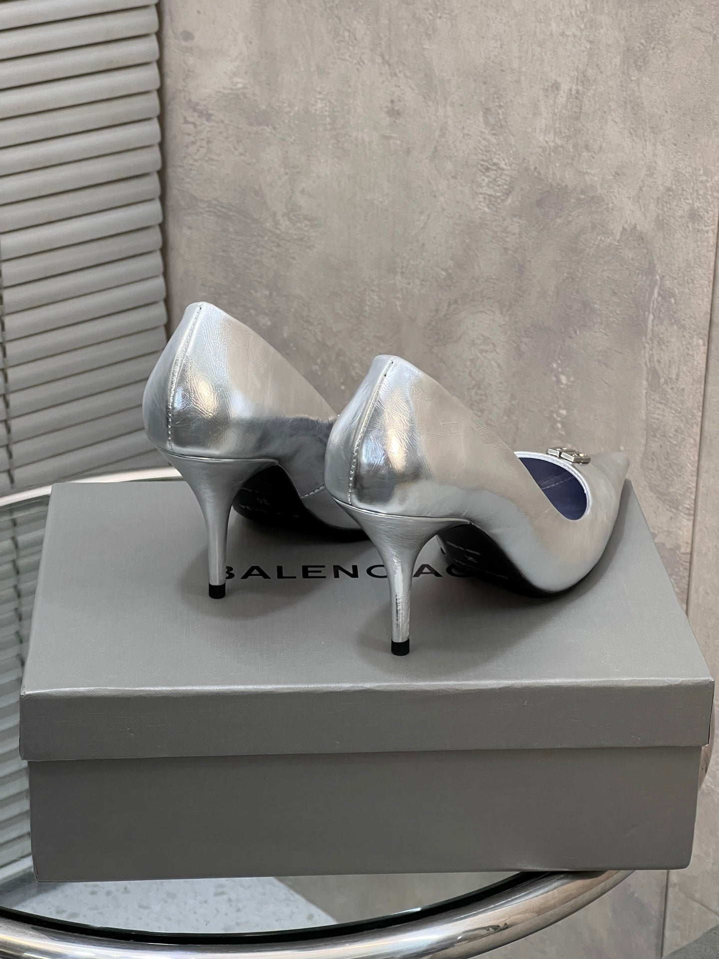 BALENCIAGA 25S HIGH-HEEL SHOES 85 MM IN SILVER COW LEATHER